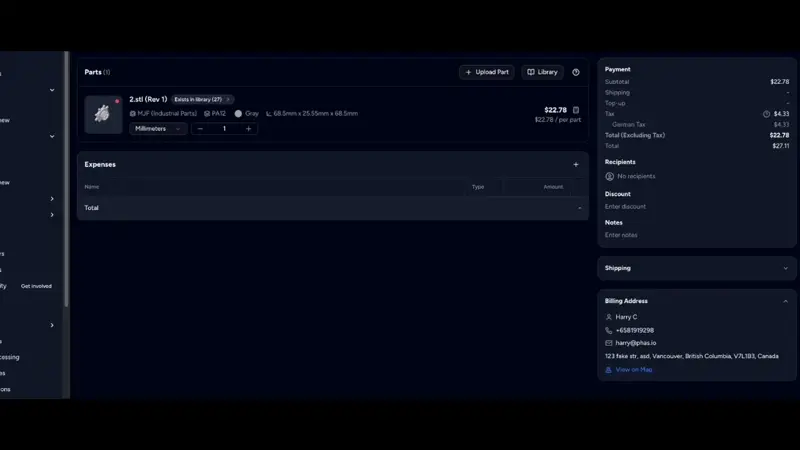 Customer dashboard with fixed price parts