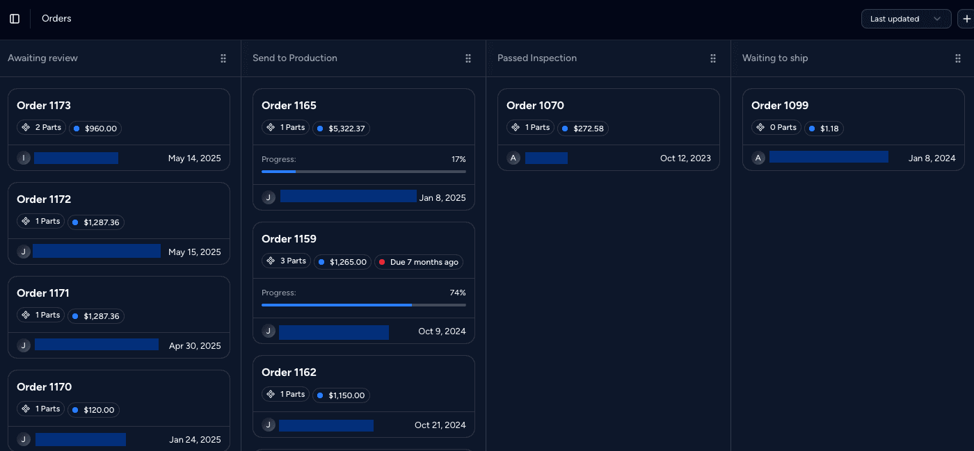 Order management interface showing production status and workflow tracking